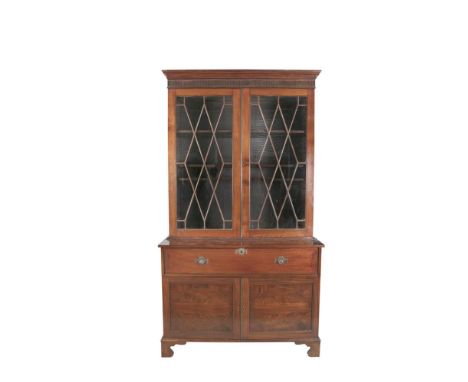 A 19TH CENTURY INLAID MAHOGANY RECTANGULAR SECRETAIRE BOOKCASE, the moulded and reeded cornice above twin astragal glazed pan