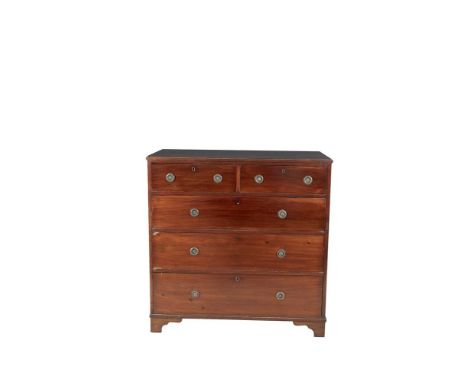 A 19TH CENTURY MAHOGANY CHEST-OF-DRAWERS, with two short and three long drawers, fitted with ring handles, raised on bracket 