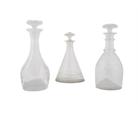 AN IRISH CLEAR AND CUT GLASS MALLET SHAPED DECANTER, with single ring neck and original mushroom finial; together with an art