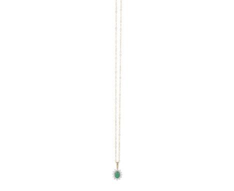 AN EMERALD AND DIAMOND PENDANT ON CHAIN, the oval-shaped emerald set within a frame of brilliant-cut diamonds, to a fine trac