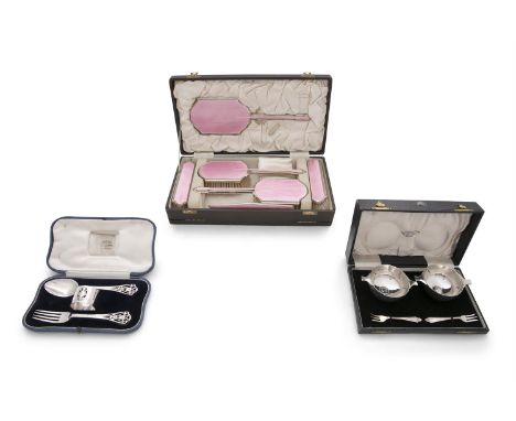 THREE ATTRACTIVE CASED SILVER SETS, comprising a pair of Victorian two handled sweet meat bowls, London 1897, with a pair of 