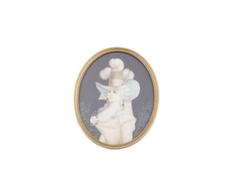 FRENCH SCHOOL (c.1900)Miniature Portrait of a Fashionable Young Lady with Headdress and FeathersOval, watercolour on ivory, 9