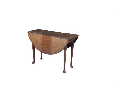 A GEORGE II MAHOGANY OVAL DROP LEAF PEMBROKE TABLE, the plain top raised on trimmed tapering gate legs and pad feet. 107 x 11