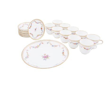 A MINTONS PORCELAIN PART TEA-SERVICE comprising a large centre bowl, ten teacups and ten saucers, each painted with groups of