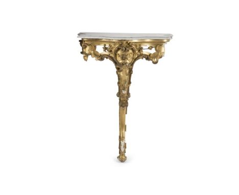 A 19TH CENTURY GILTWOOD AND GESSO MONOPOD CONSOLE TABLE, the shaped marble top, above a carved and pierced frieze, raised on 