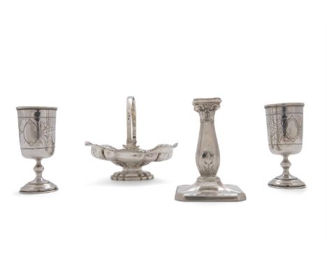 A COLLECTION INCLUDING A RUSSIAN SILVER SWEET MEATS BASKET, with swing handle and rim foot; a pair of small Russian cylindric