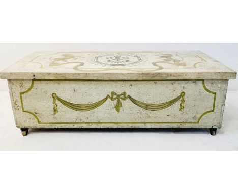 LINEN TRUNK, 19th century, with later painted lion and unicorn crest decoration, 34cm H x 117cm W x 49cm D.