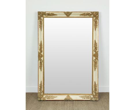 WALL MIRROR, first half 19th century French giltwood, gesso and painted with a rectangular plate, 159cm x 108cm.