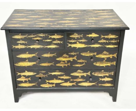 DECOUPAGE CHEST, vintage lacquered and fish decorated with two short and two long drawers, 106cm W x 54cm D x 79cm H.