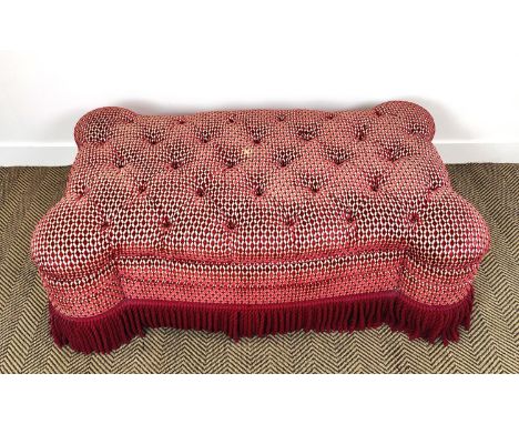 FOOTSTOOL, by George Smith in a patterned chenille with a bullion fringe, 132cm W x 76cm D x 46cm H, bears plaque.