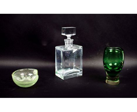 MOSER of KARLSBAD, CUT GLASS WHISKY DECANTER, signed to base, plus a Harrachov glass bowl, and a Harrachov green glass vase.