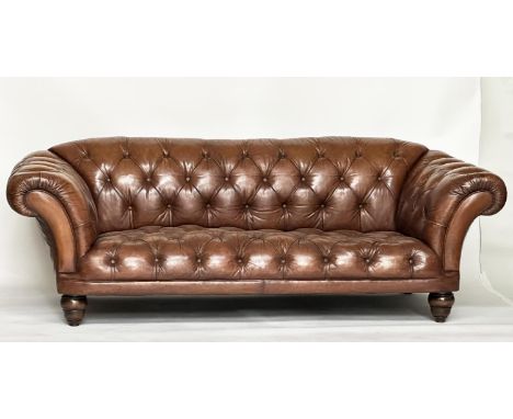 CHESTERFIELD SOFA, traditional hand finished soft antique tan brown leather, allover deep buttoned with rounded outswept back