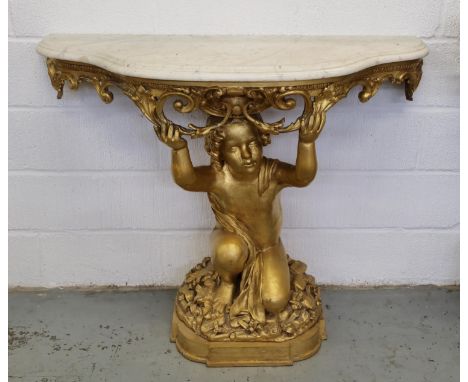 CONSOLE TABLE, 19th century Victorian giltwood with a shaped marble top, 96cm H x 121cm W x 48cm D.