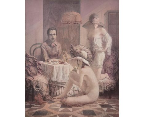 LUDMIL SISKOV (b.1936-2024, Hungary), 'Self portrait at dining table with figures', oil on canvas, 151cm x 120cm signed and d