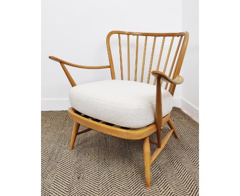 ERCOL WINDSOR ARMCHAIR, beechwood with bouclé wool cushion seat, 83cm H x 73cm x 83cm.