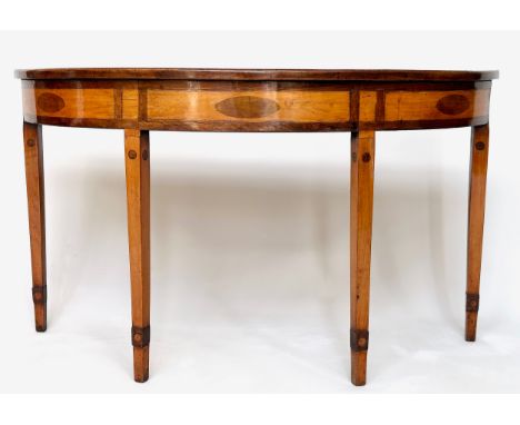 CONSOLE TABLE, George III period satinwood harewood and rosewood bowfronted with radially segmented veneer and square taperin