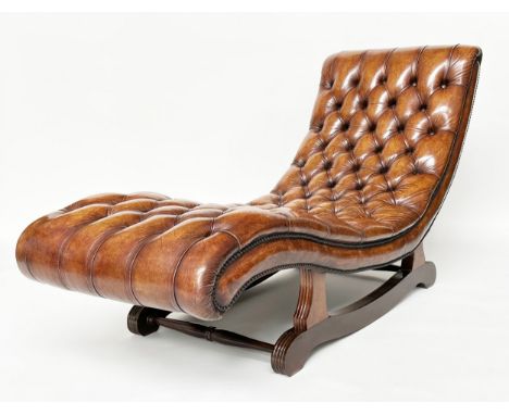 CHAISE/COUCH, traditional deep button upholstered hand finished soft antique tan studded leather and mahogany stretchered sup