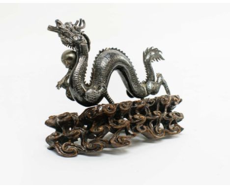 CHINESE TABLE LIGHTER, circa 1900, silver by Wang Hing, Canton export, marked WH, 90 to foot, 16cm L x 14cm H.