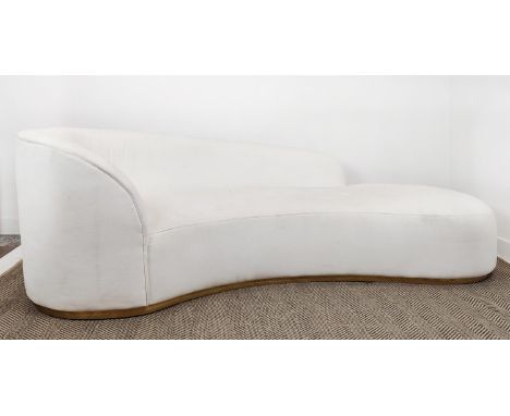 LATCHMERE SOFA, kidney shaped in white fabric with giltwood base, 79cm H x 250cm W.