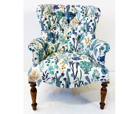ARMCHAIR, Victorian style with aquatic plant print buttoned back upholstery, 93cm H x 72cm W x 75cm D.