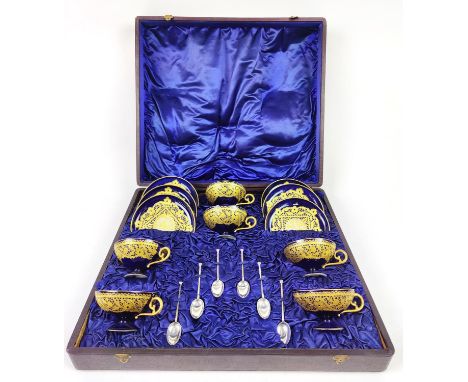 SALVIATI VENEZIA TEA SERVICE, early 20th century, comprising six cups, six saucers and six silver coffee spoons, the cups and