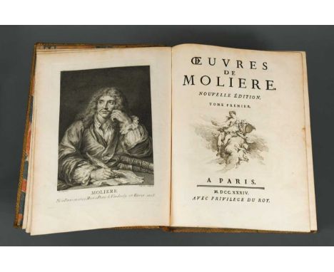 MOLIERE (Jean Baptiste Poquelin de) Oeuvres. Paris 1734, 4to, 6 vols., half-titles, portrait frontispiece by Lépicié after Co