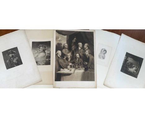 A portfolio of prints, mainly 19th century, to include: the Society of Dilettanti, mezzotint before letters, 57 x 40cm; two s