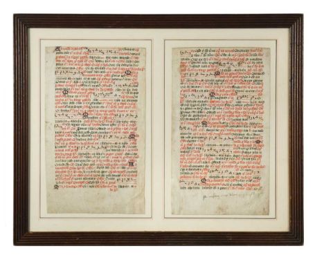 Two 15th century manuscript leaves from a Gradual, probably English, of Sarum use, written in red and black, each leaf 27.5 x