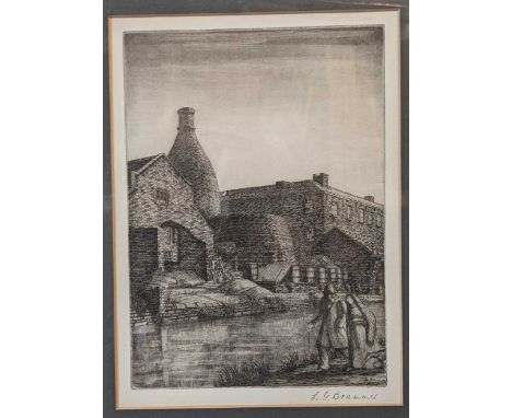 Leonard Griffith Brammer (1906-1994)Couple walking by a canal, a bottle kiln and factory building beyond, signed in pencil, e