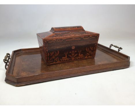 An inlaid tea caddy decorated with deer, flowers and scrolls together with a Edwardian inlaid trayW:31cm x D:16cm x H:19cm bo