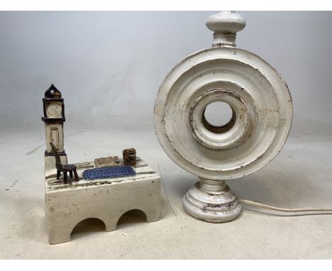 A Troika style pottery lamp also with a pottery ornament room diorama. (a.f)Lamp height H:35cm