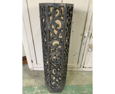 An hexagonal carved wooden uplighter shade or floor lamp shade. W:26cm x D:26cm x H:100cm