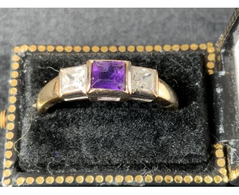 A 9ct gold amethyst and cubic zirconia stones. Size m. In black and gilt ring presentation box. 