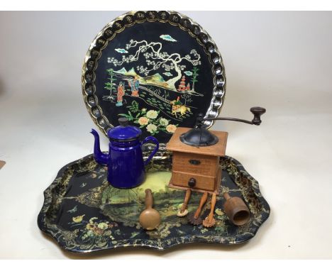 A Goldenberg coffee grinder, an enamel coffee pot, a wooden short bread stamp and pastry crimpers also with 2 printed metal t