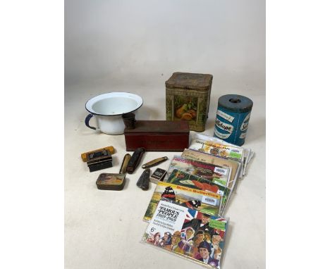 A Keens Mustard tin and others together with an enamel chamber point, pan knives and cigarette albums
