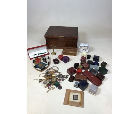 A quantity of empty ring boxes, a watches of Switzerland box, a wooden box and costume jewellery 