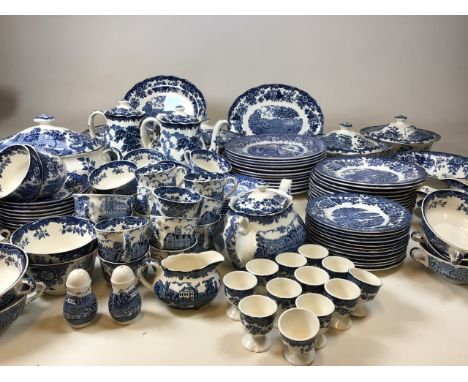 A Palissy 1790 Avon Scenes dinner service. Blue and white transfer printed includes 4 covered tureens, a large soup tureen, 2