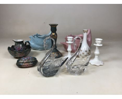 A pair of swan planters by Martin Portugal,an pair of glass swans by Royal Doulton,a Spode bud vase, a pair of bone China can