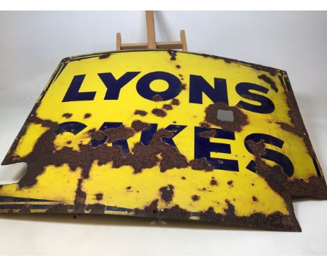 An original enamel sign for Lyons Cakes. A/F see photos for condition W:100cm x H:75cm