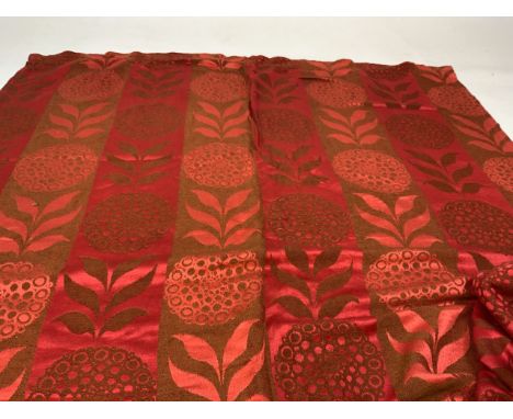 Am pair of unlined mid century curtains in woven jacquard fabric red with rust floral design. Fabric could have wool content 