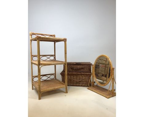 A bamboo and wicker free standing shelf and mirror together with 2 vintage wicker baskets W:32cm x H:72cm Shelf unit