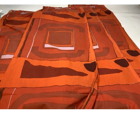 Two pairs of large mid century printed cotton unlined curtains in orange abstract design W:112cm x H:240cm approx