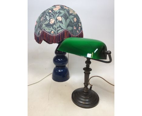 A library lamp with green shade and bronzed base , also with another H:38cm Library lamp 