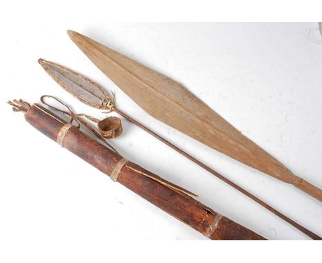 * A hunting spear, having a flattened leaf shaped tip with central ridge, mounted on a turned wooden shaft, Dinka People, Sou