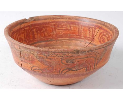 * A redware pottery bowl, the exterior frieze polychrome decorated with zoomorphic figures, Mayan, probably 13th century, dia