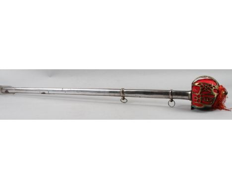 A reproduction stainless steel sword with scabbard and brass hilt, blade length 34 3/4" long 