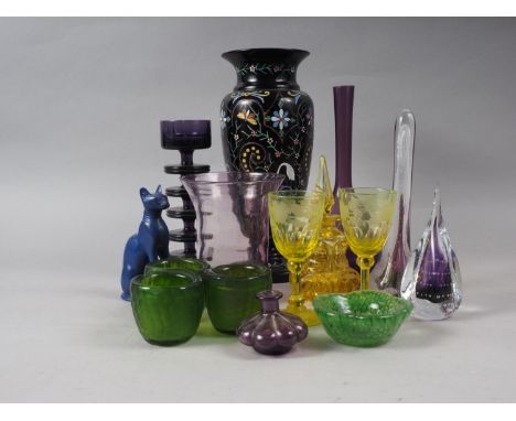 A Victorian enamel decorated vase, 11 1/4" high, a pair of vaseline glass vases, a vaseline glass scent bottle and other colo