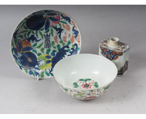 A Chinese famille rose bowl with floral and scrolled polychrome decoration and six character mark to base, 6" dia, a tea cadd