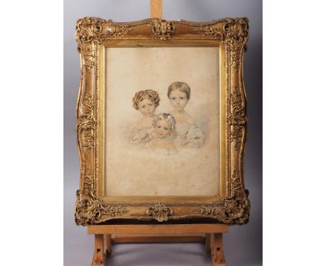 J G Grant, 1837: watercolour and pencil portrait of three children, members of the Pierce family, 13" x 10", in gilt frame 