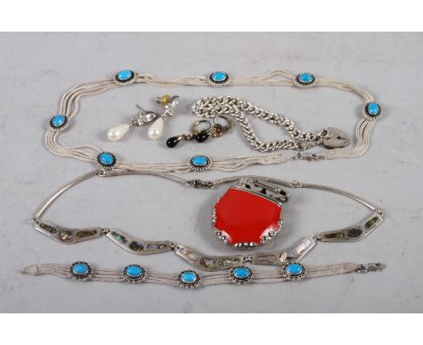 A silver bracelet with lock, a silver and turquoise necklace and matching bracelet, a silver and mother-of-pearl set necklace
